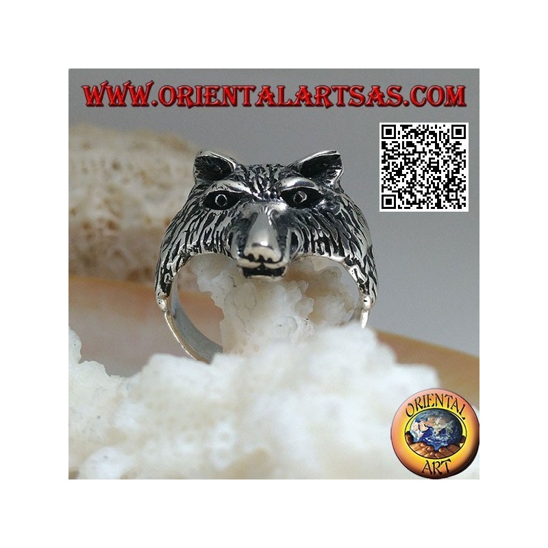 Bague en argent, tête de loup arctique ou loup des neiges massif (moyen)