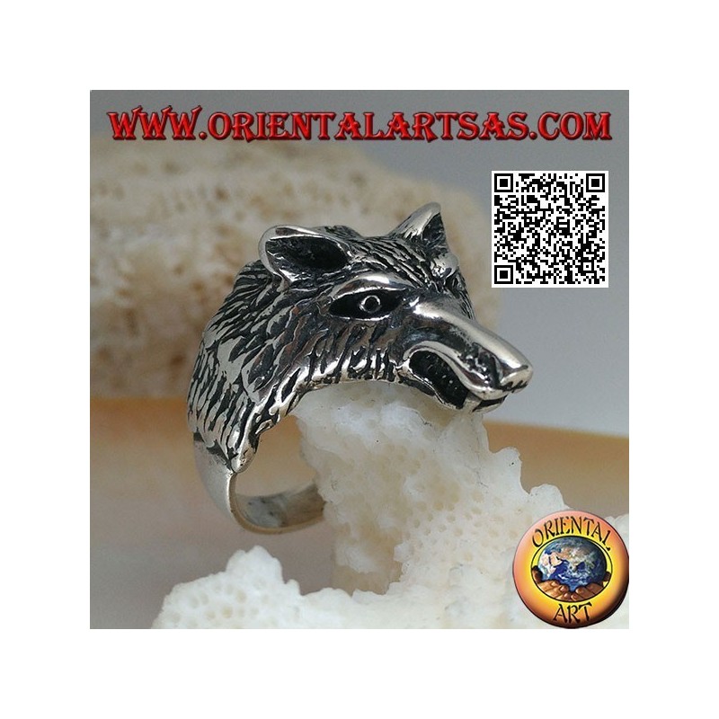 Anillo de plata, cabeza de lobo ártico o lobo de nieve masivo (mediano)