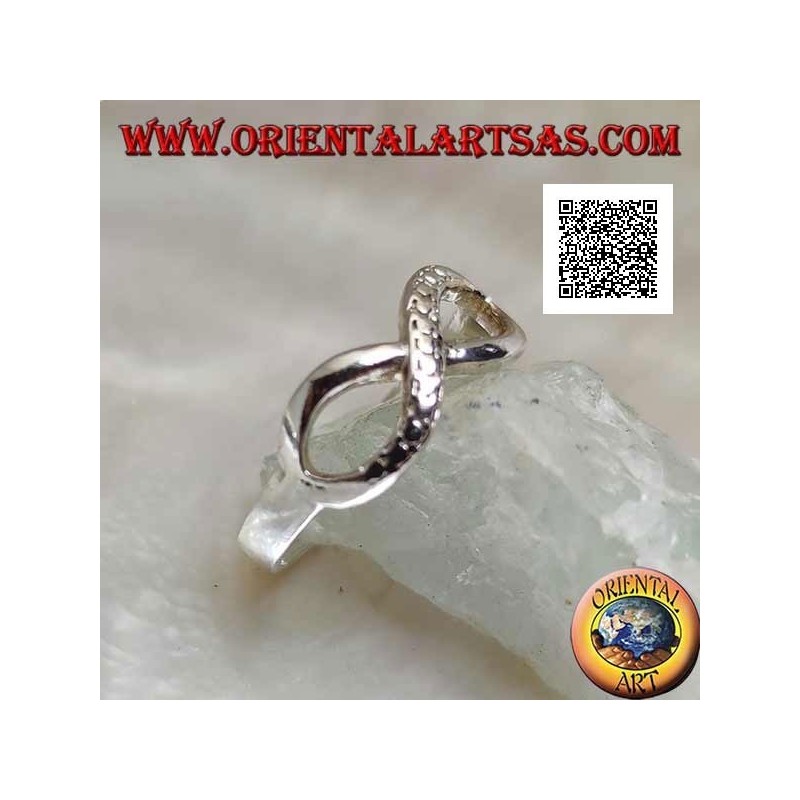 Silver ring with infinity knot symbol with one smooth line and the other snake skin