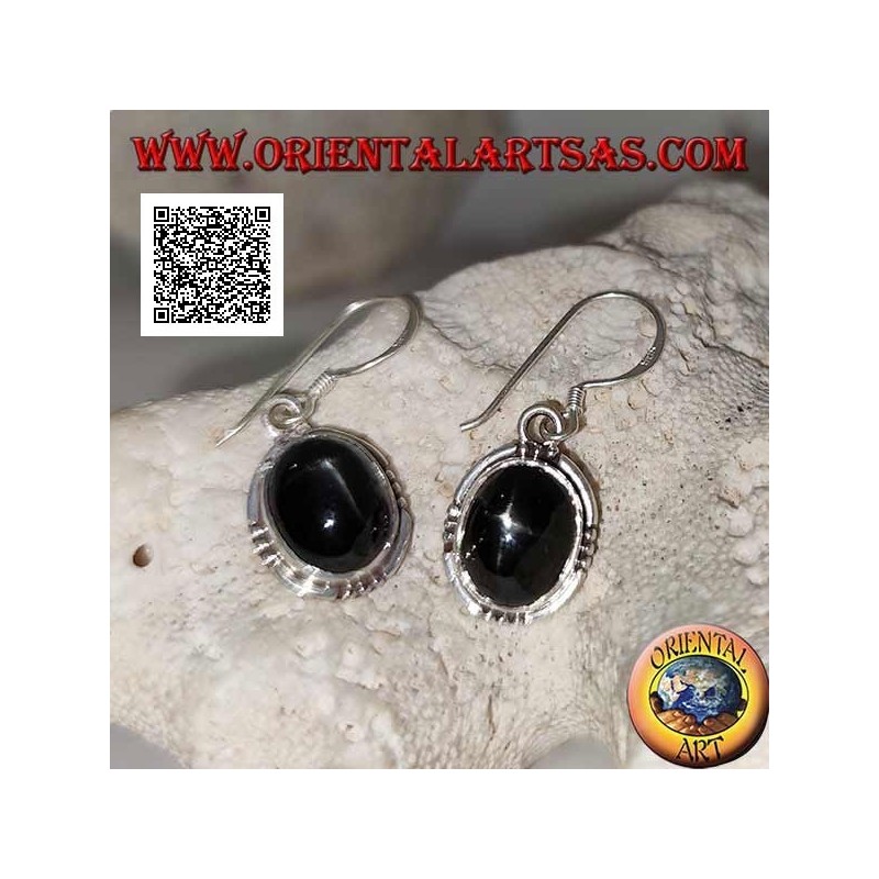 Silver earrings with oval cabochon Black Star (star diopside) and trio of balls on the four cardinal points