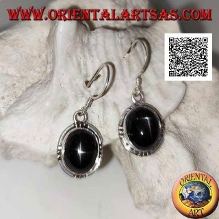 Pendientes de plata con cabujón ovalado Black Star (estrella diópsido) y trío de bolas en los cuatro puntos cardinales