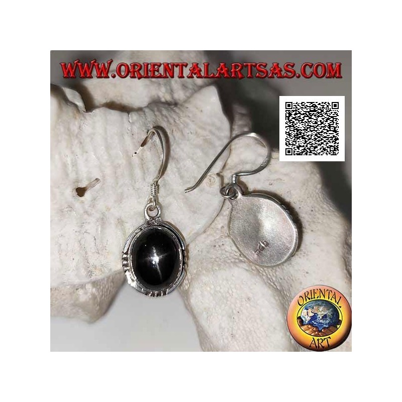 Silberne Ohrringe mit Cabochon-Oval Black Star (Stern-Diopsid) und drei Bällen an den vier Kardinalpunkten