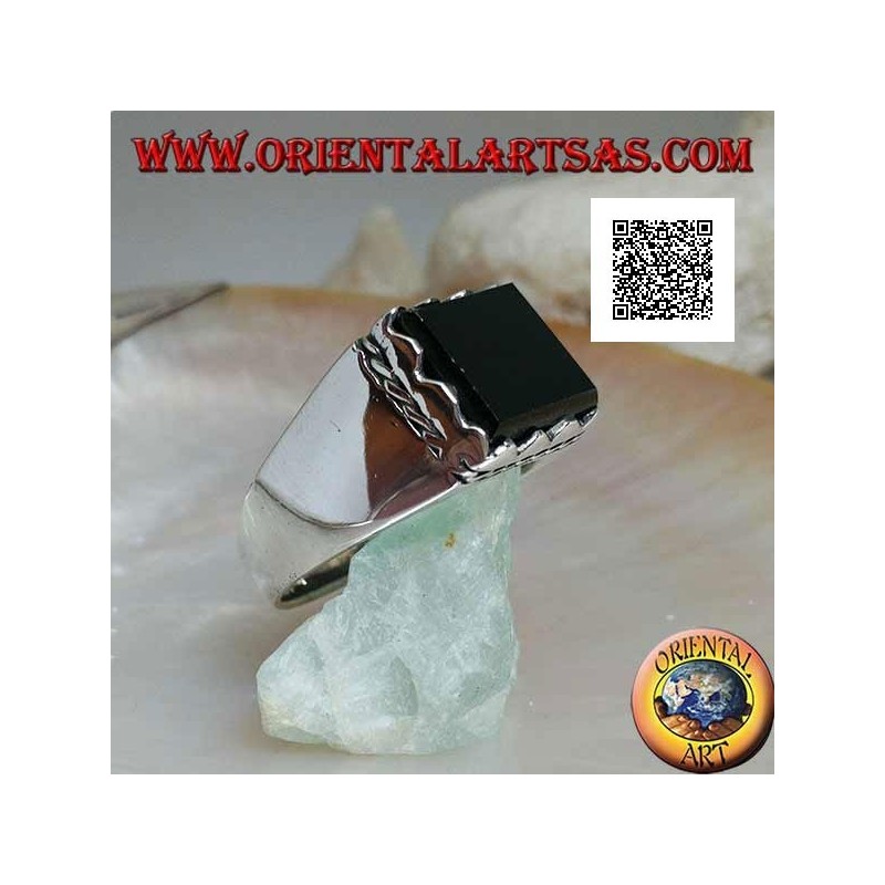 Silver ring with raised rectangular onyx framed and side cord