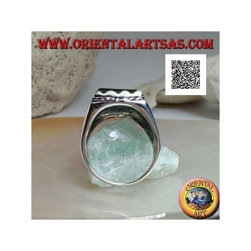 Silver ring with raised rectangular onyx framed and side cord
