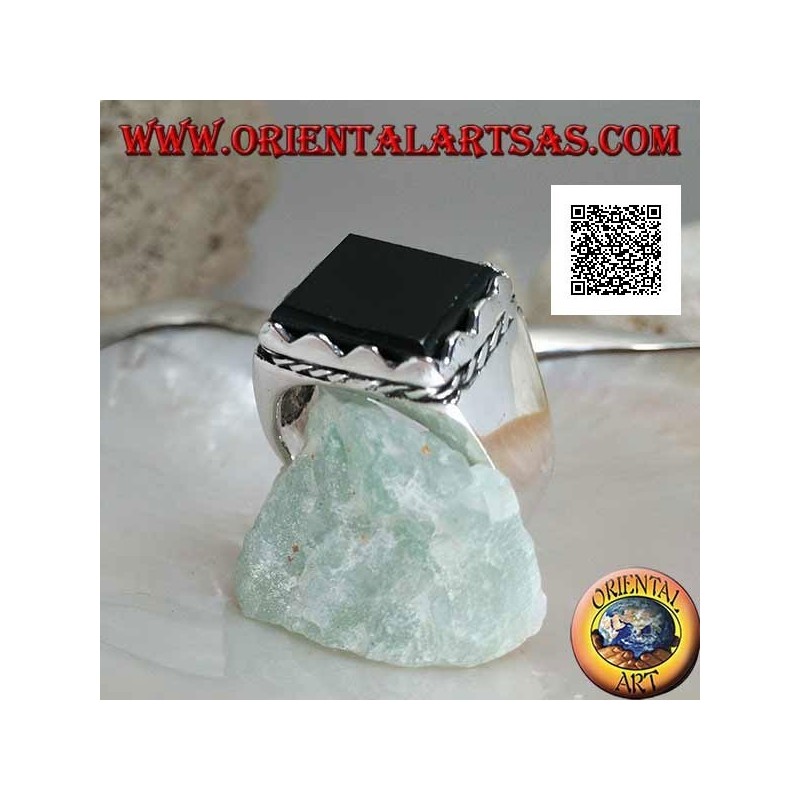 Silver ring with raised rectangular onyx framed and side cord
