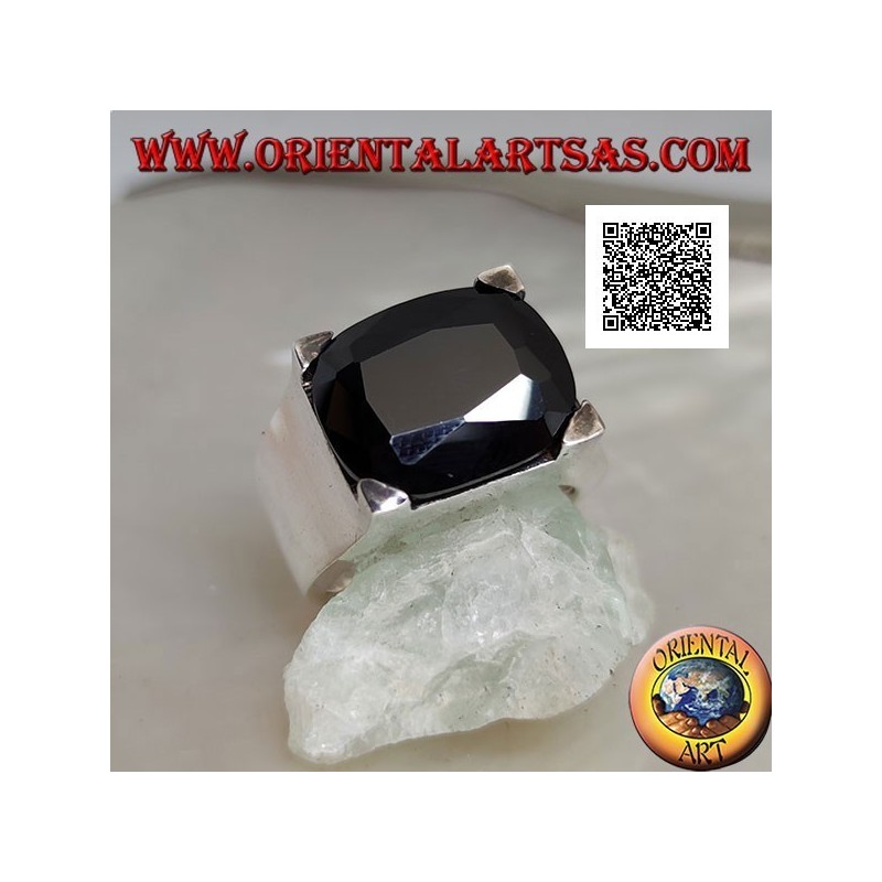 Rhodium silver ring with transverse oval spinel zircon set in a rectangle