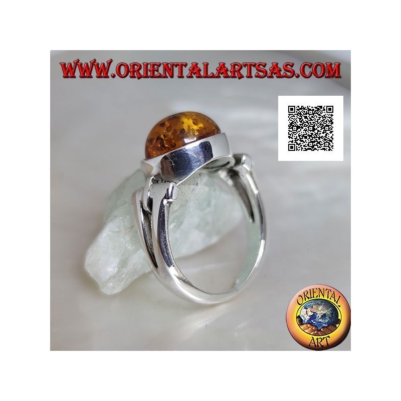 Silberring mit ovalem Cabochon Bernstein quer mit länglichem dreieckigem Loch