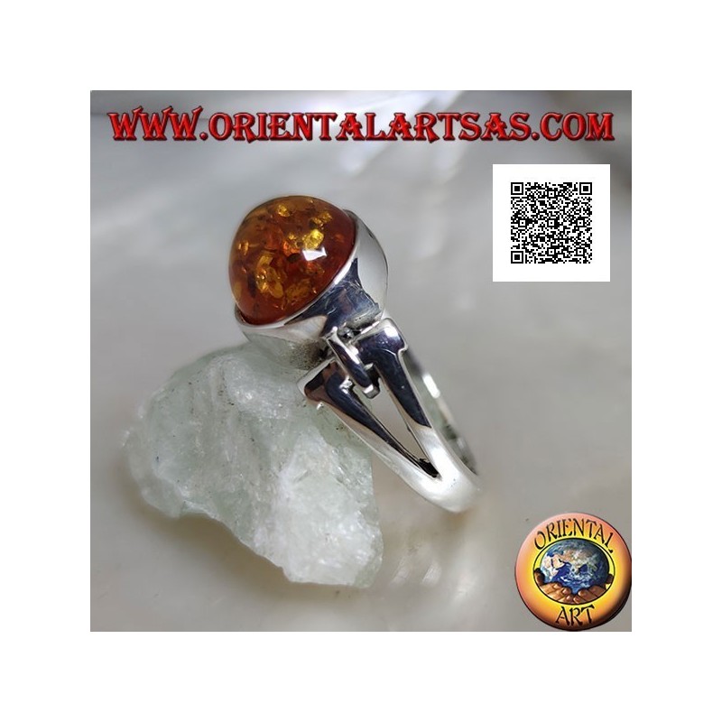 Silberring mit ovalem Cabochon Bernstein quer mit länglichem dreieckigem Loch