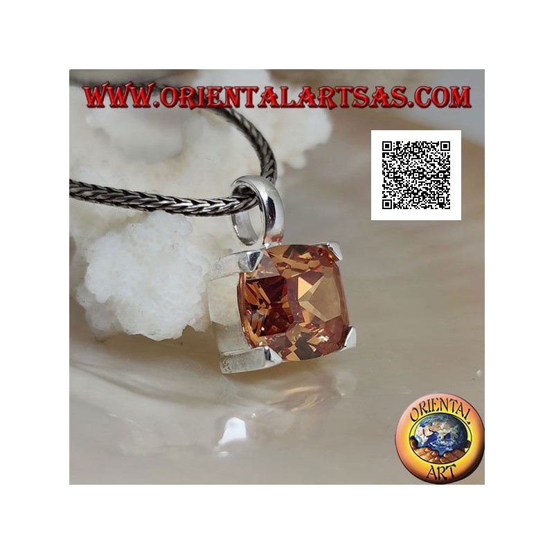 Rhodium silver pendant with transverse oval champagne zircon set in a rectangle