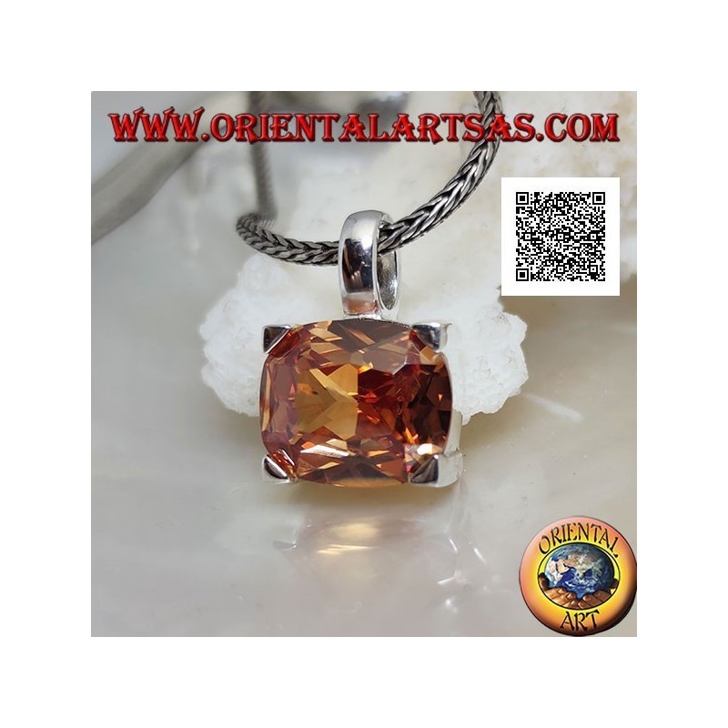 Rhodium silver pendant with transverse oval champagne zircon set in a rectangle
