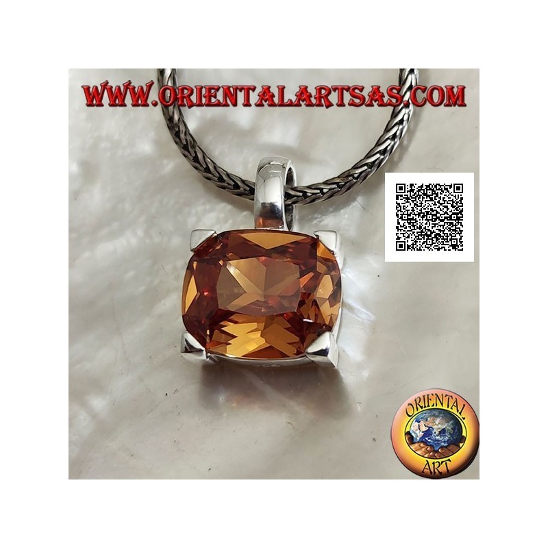 Rhodium silver pendant with transverse oval champagne zircon set in a rectangle