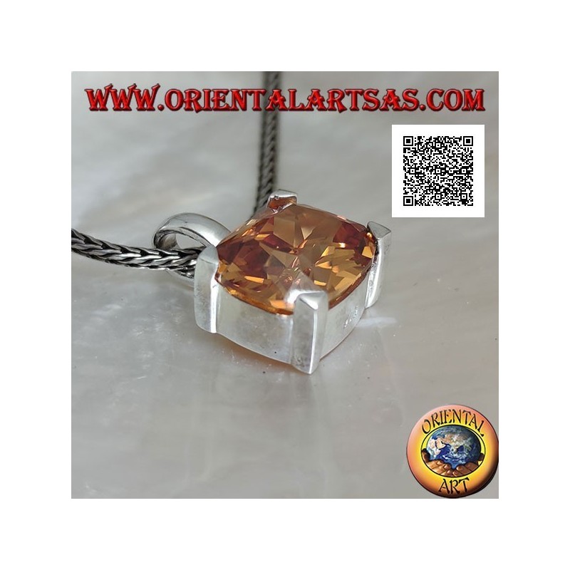 Rhodium silver pendant with transverse oval champagne zircon set in a rectangle