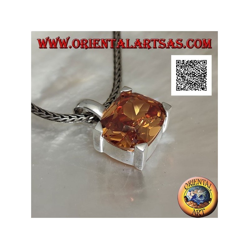 Rhodium silver pendant with transverse oval champagne zircon set in a rectangle