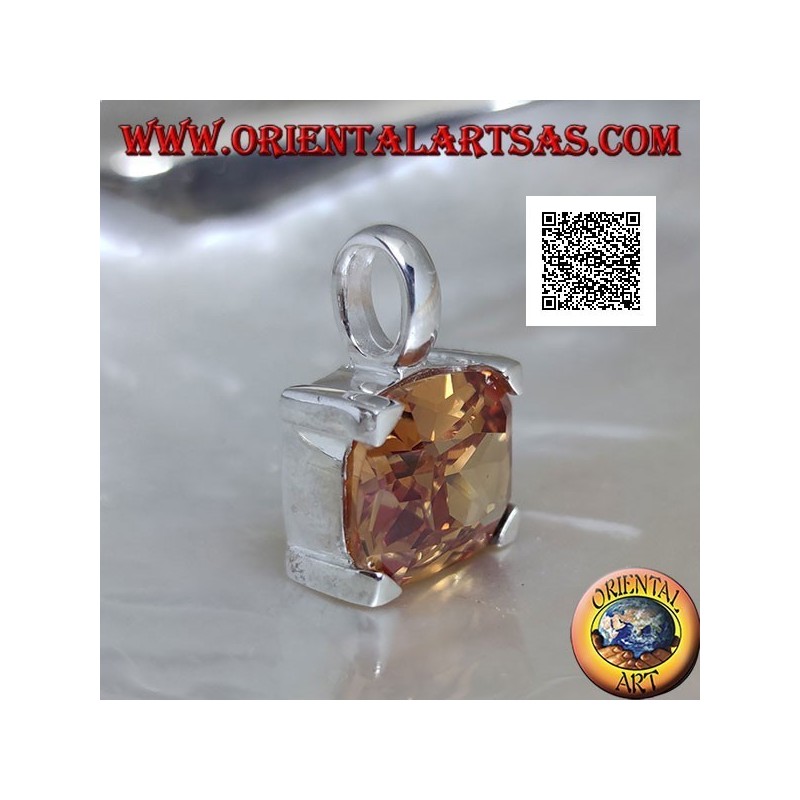 Pendentif en argent rhodié avec zircon champagne ovale transversal serti dans un rectangle