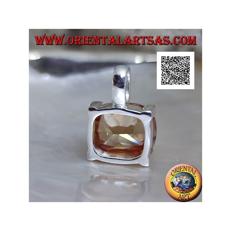 Rhodium silver pendant with transverse oval champagne zircon set in a rectangle