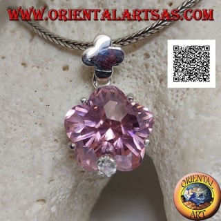 Ciondolo in argento rodiato con zircone rosa a forma di stella tondeggiante incastonato e zircone bianco piccolo