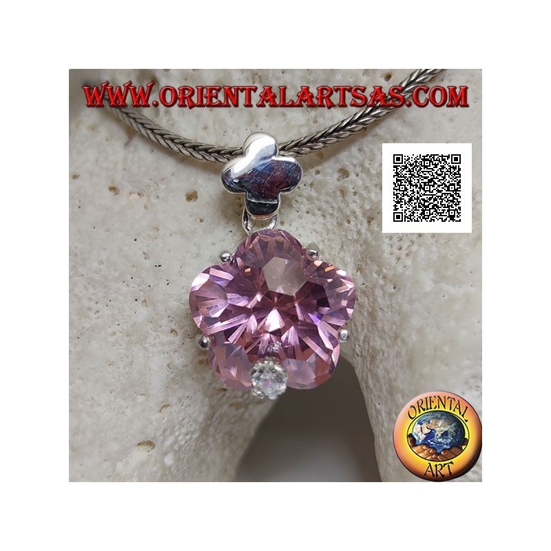 Ciondolo in argento rodiato con zircone rosa a forma di stella tondeggiante incastonato e zircone bianco piccolo