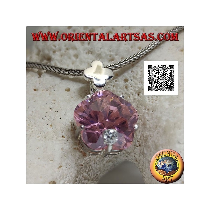 Anhänger aus Rhodiumsilber mit rosa Zirkon in Form eines rundlichen Sternsets und kleinem weißem Zirkon