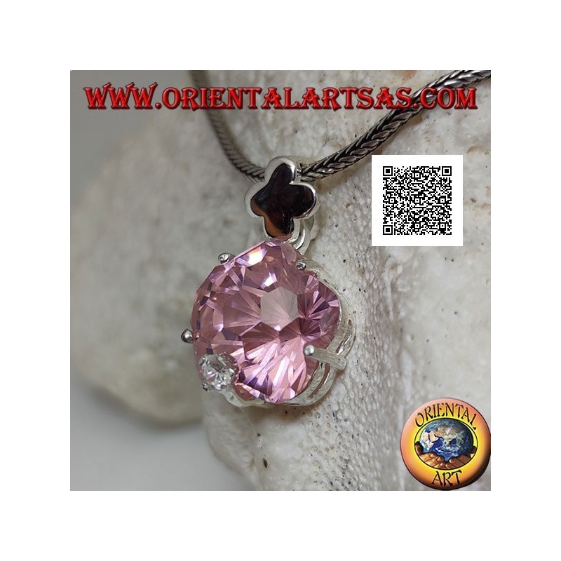 Pendant in rhodium silver with pink zircon in the shape of a roundish star set and small white zircon