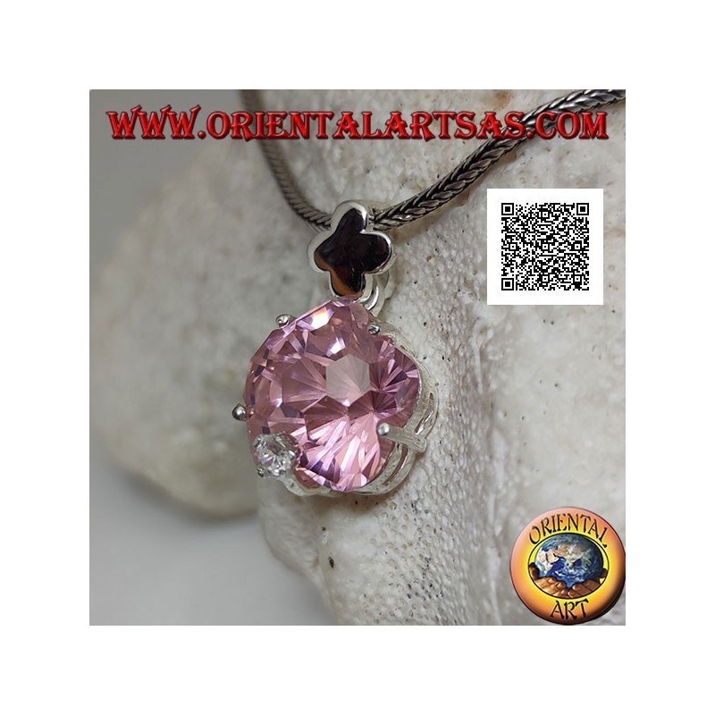 Colgante en plata rodiada con circonita rosa en forma de estrella redonda y circonita blanca pequeña