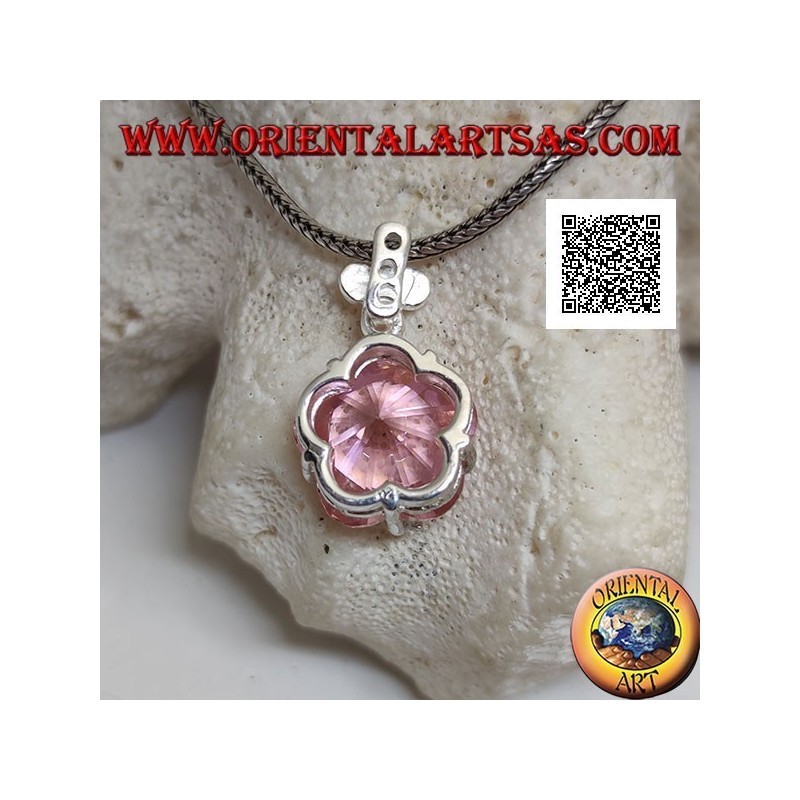Ciondolo in argento rodiato con zircone rosa a forma di stella tondeggiante incastonato e zircone bianco piccolo