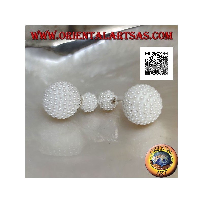 Silver earrings with spherical lobe studded with white beads (Dior style)