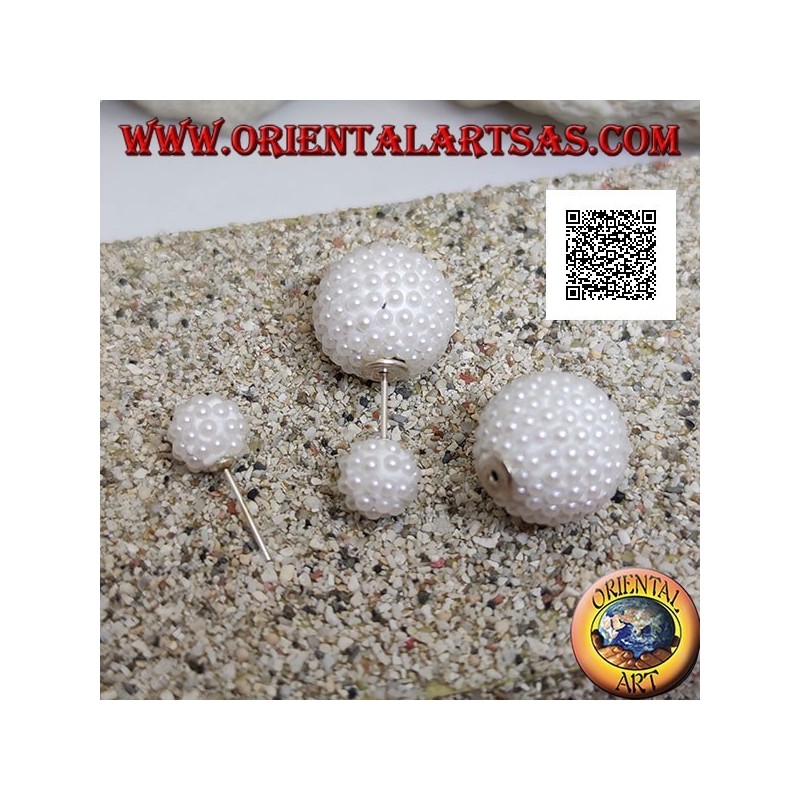 Silver earrings with spherical lobe studded with white beads (Dior style)