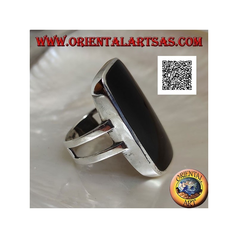 Silver ring with large rectangular beveled onyx on smooth frame with lateral opening