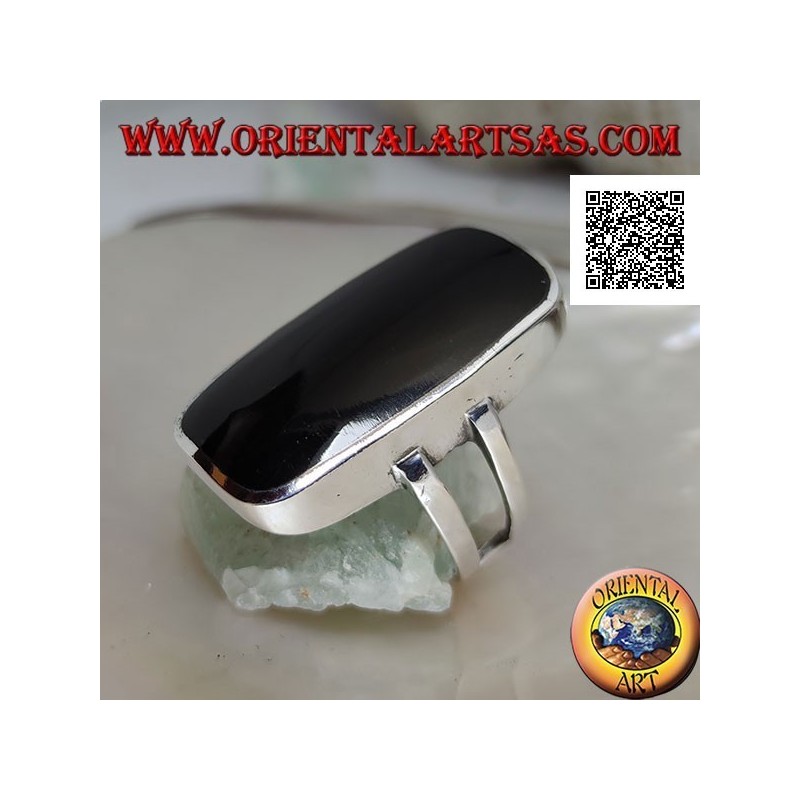 Silver ring with large rectangular beveled onyx on smooth frame with lateral opening