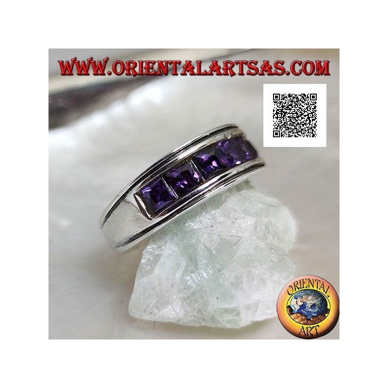 Silberring mit rhodiniertem Band mit einer Reihe amethystfarbener quadratischer Zirkone