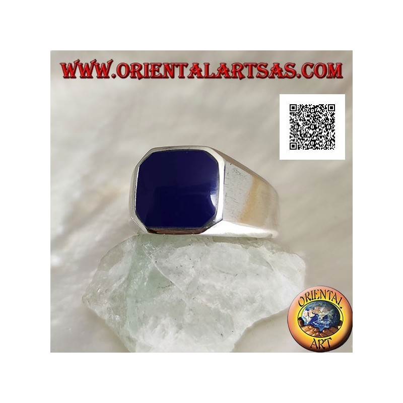 Silver ring with beveled square blue agate flush with the edge on a smooth setting