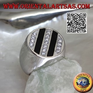 Round silver ring with oblique rows of onyx and round white zircons