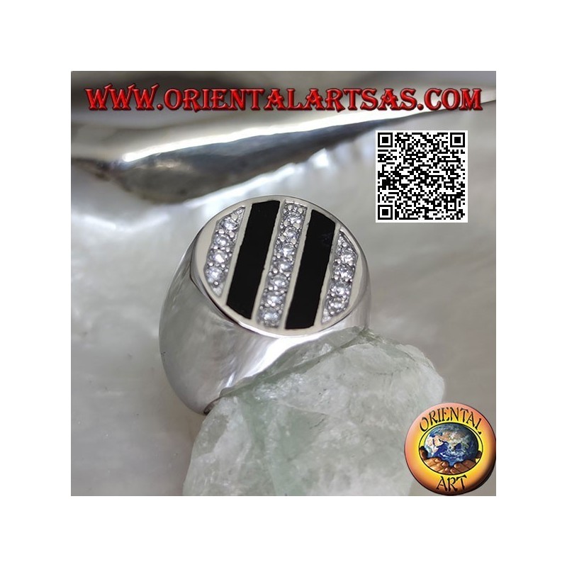 Round silver ring with oblique rows of onyx and round white zircons