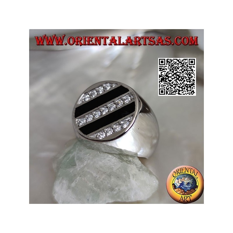 Bague ronde en argent avec rangées obliques d'onyx et zircons blancs ronds