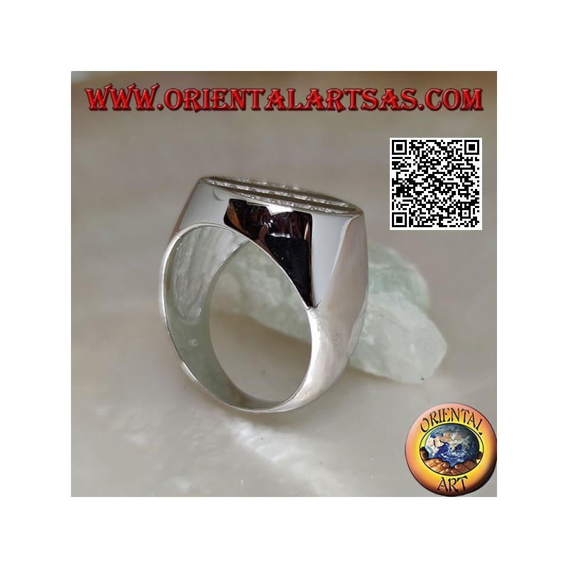 Round silver ring with oblique rows of onyx and round white zircons
