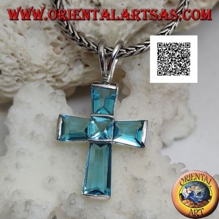 Silver blue topaz cross pendant set with baguette cut arms and square center