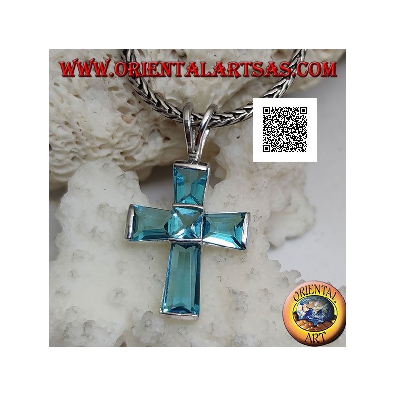 Silver blue topaz cross pendant set with baguette cut arms and square center