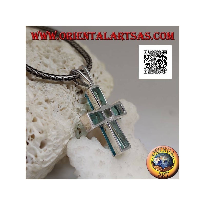 Silver blue topaz cross pendant set with baguette cut arms and square center