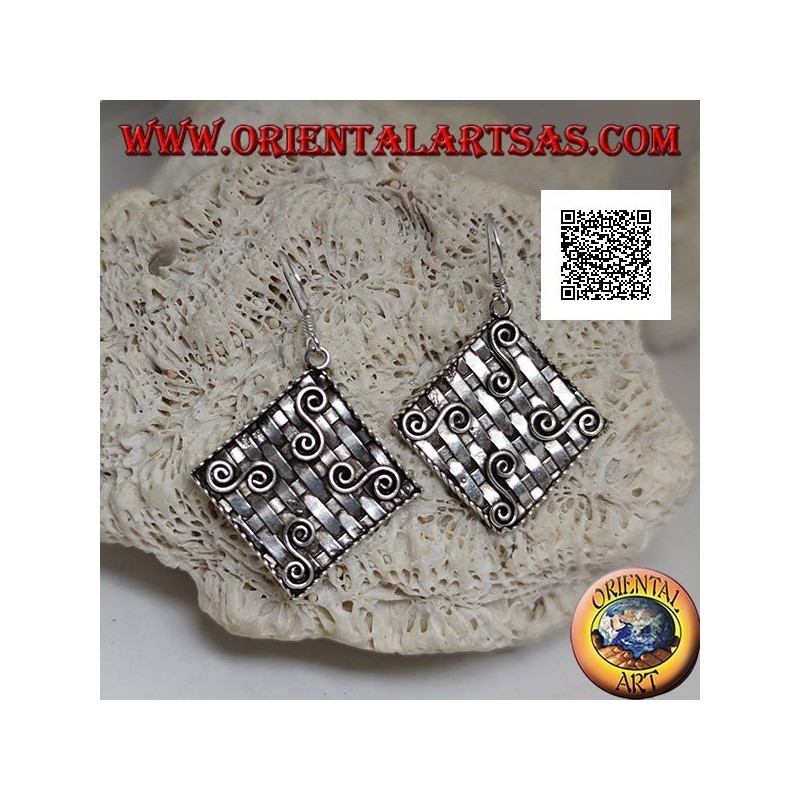 Silver pendant earrings with interwoven rhombus (straw style) with four Greek motifs