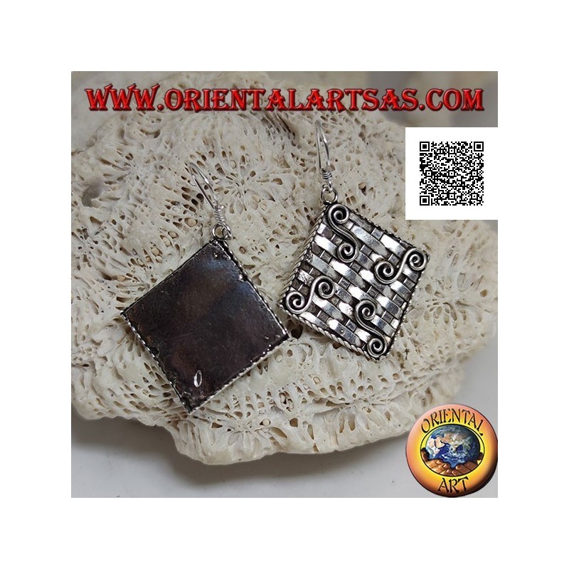 Silver pendant earrings with interwoven rhombus (straw style) with four Greek motifs