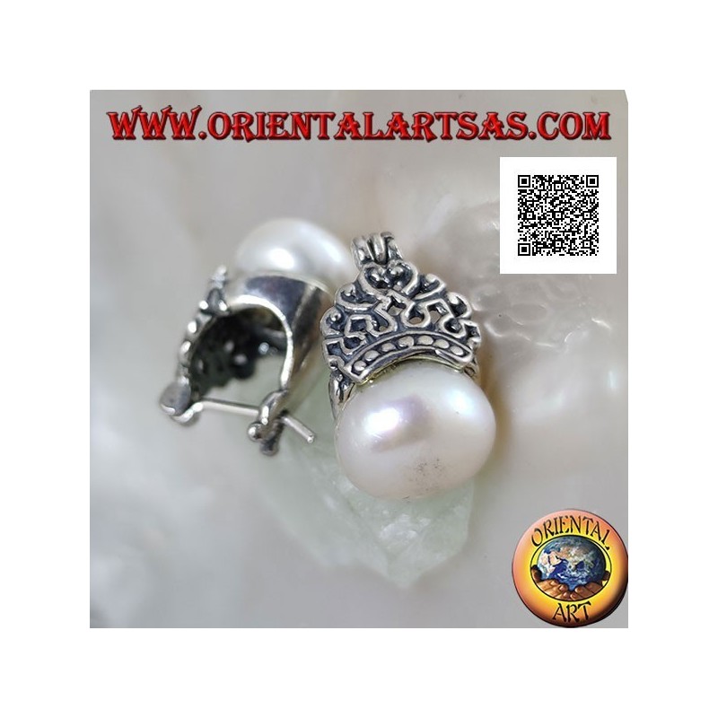 Pendientes de palanca de plata con perla de agua dulce blanca coronada