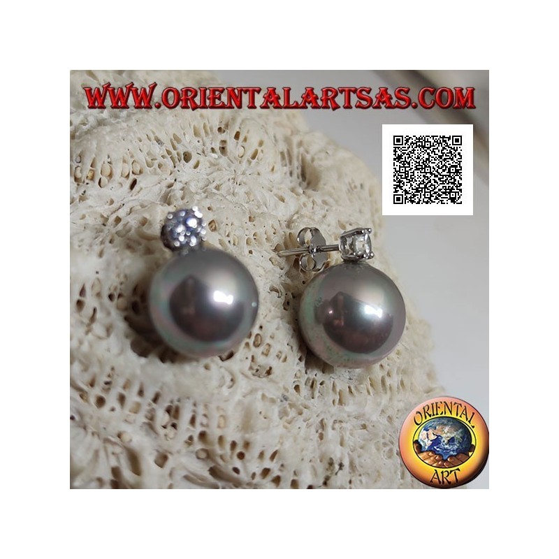 Pendientes lóbulos de plata con perla gris de agua dulce y circonita blanca engastada