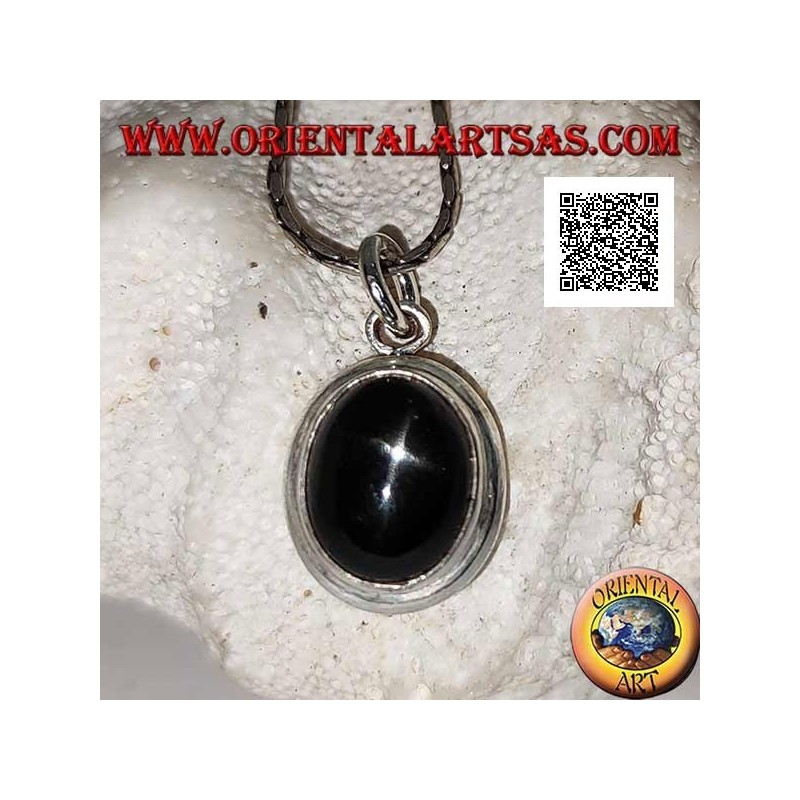 Silver pendant with black star (Diopside) oval cabochon and smooth rounded edge