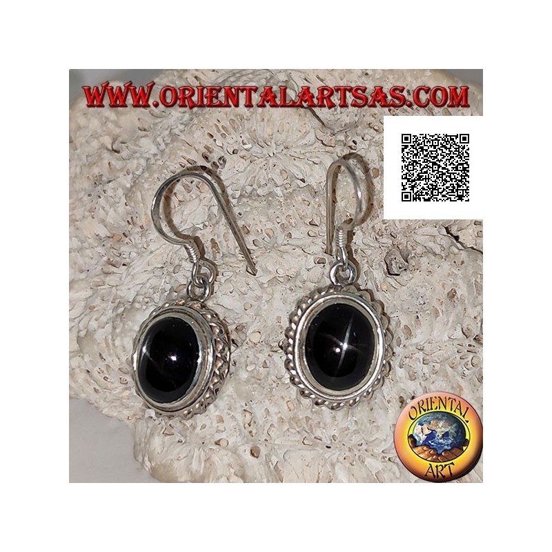 Silver earrings with cabochon oval Black Star (star diopside) and helical edge