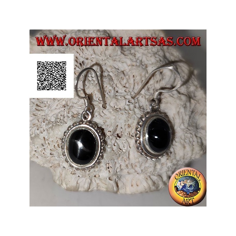 Silver earrings with cabochon oval Black Star (star diopside) and helical edge