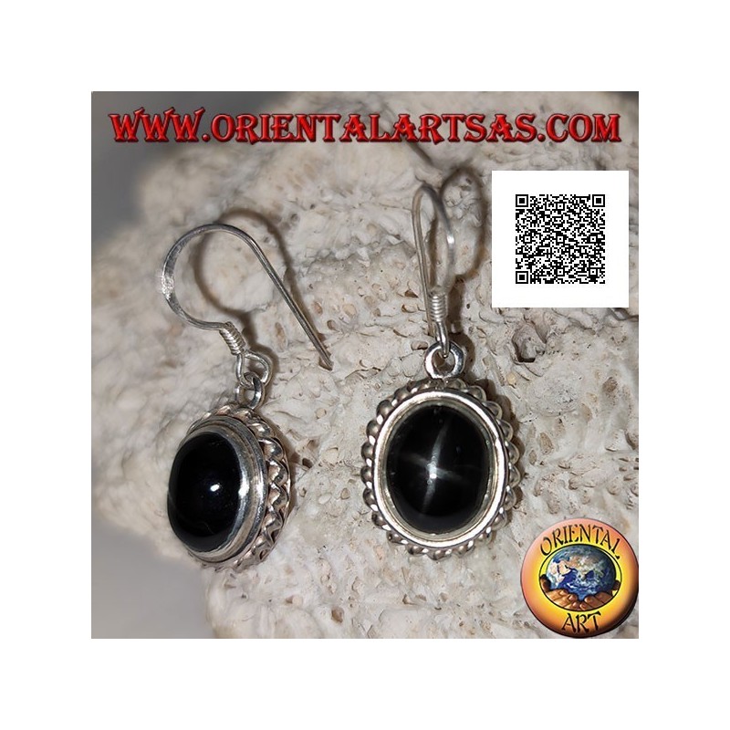 Silver earrings with cabochon oval Black Star (star diopside) and helical edge
