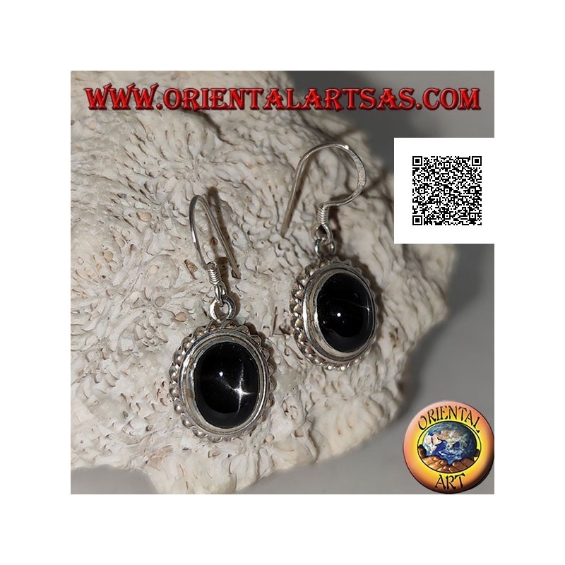 Silver earrings with cabochon oval Black Star (star diopside) and helical edge