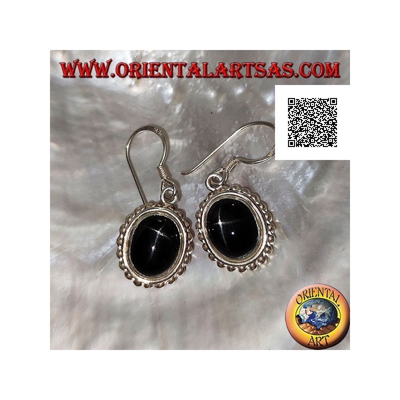 Silver earrings with cabochon oval Black Star (star diopside) and helical edge