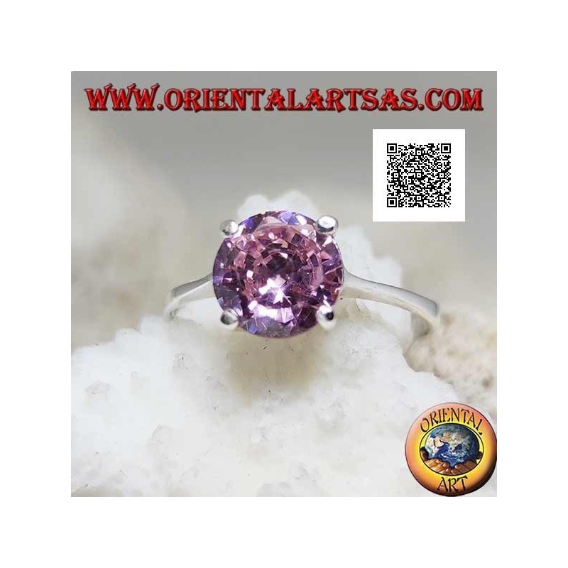 Rhodinierter Solitärsilberring mit facettiertem rosa rundem Zirkonset