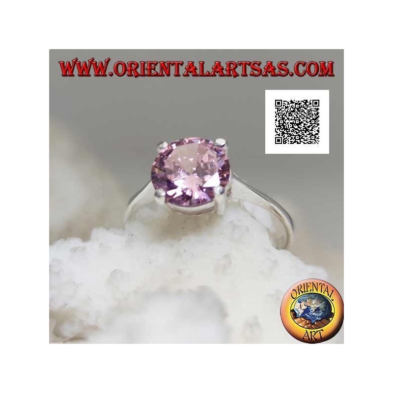 Anello in argento solitario rodiato con zircone tondo rosa sfaccettato incastonato